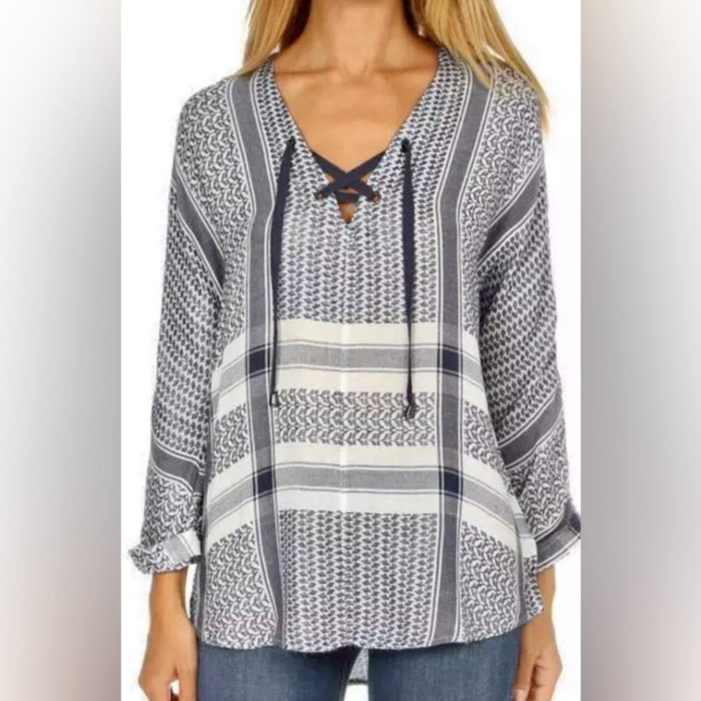 Rails Lily Blouse in Sapphire Jacquard Blue and White Patterned - Small
